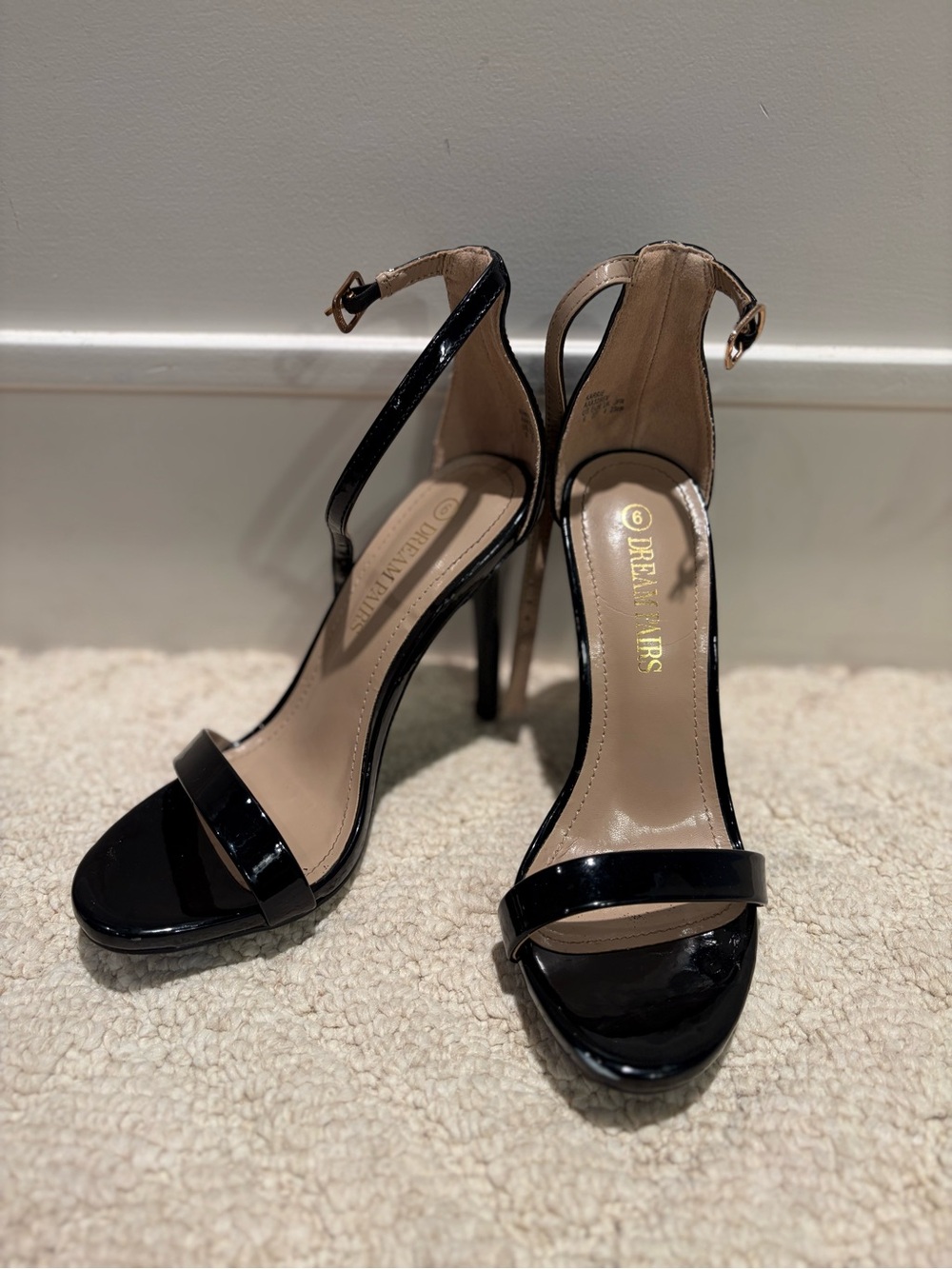 Black Patent Stiletto Heels Ankle Strap Open Toe Sandals Size 6